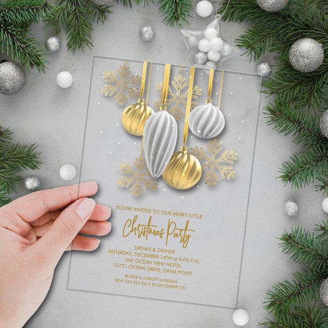 Cartes de Noël argentées et dorées rétro pour la f (Retro silver and gold tree ornaments ACRYLIC Christmas party invitations)