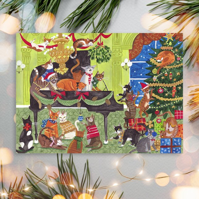 Cartes de Noël avec des chats jouant du piano (Christmas Cats playing Piano Holiday Card)