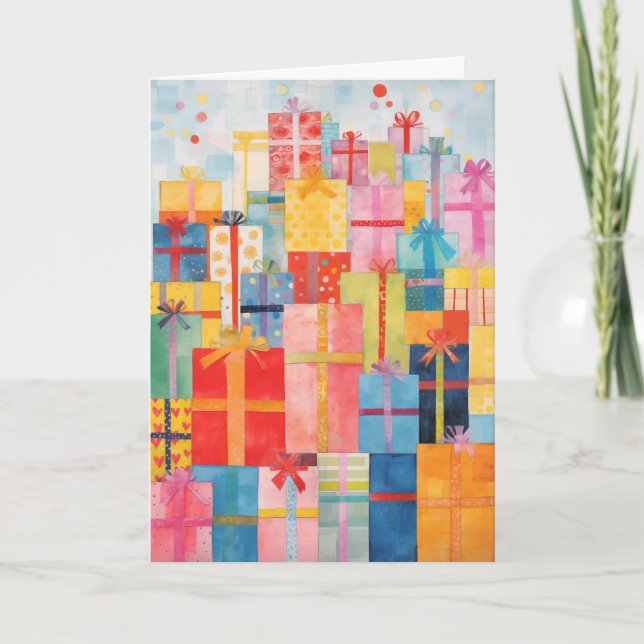 Cartes de Noël avec des piles de cadeaux emballés (Devant)