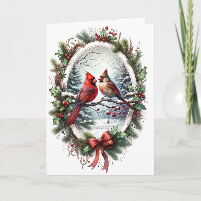 Cartes de Noël Cardinal Cerf Rouge Houx Neigeux Fo (Devant)