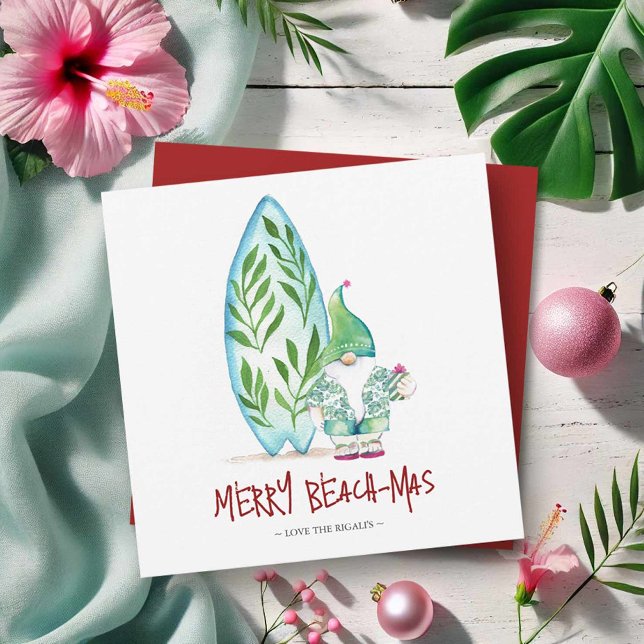 Cartes de Noël Côtières Mignonnes (Cute Florida Christmas cards watercolor surfboard and beach Santa art by Victoria Grigaliunas )