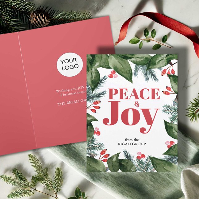 Cartes de Noël d'affaires Aquarelle Botanique (Business Christmas cards with logo watercolor botanicals in red and green with the word Joy)