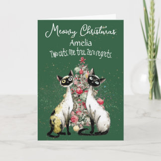 Cartes de Noël de chats siamois devant un arbre