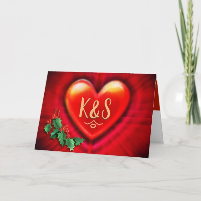 Cartes de Noël de coeur rouge personnalisées monog (Devant)