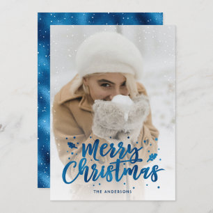 Cartes de Noël de la photo Blue Foil Script