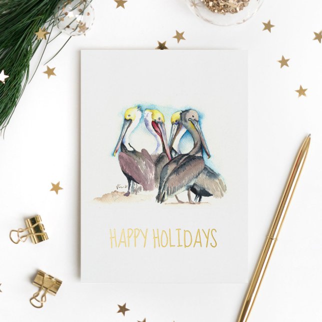 Cartes de Noël de plage uniques Aquarelle Pélicans (Beach Christmas cards pelican watercolor art by Victoria Grigaliunas of Do Tell A Belle)