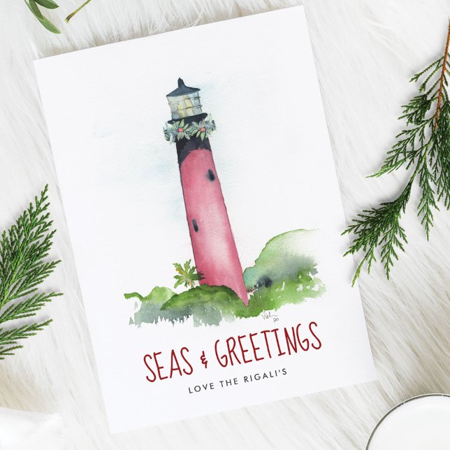Cartes de Noël de plage Watercolor Lighthouse (Beach Christmas Card Watercolor Lighthouse Florida holiday art by Victoria Grigaliunas)
