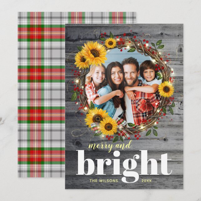 Cartes de Noël de tournesol en bois rustique (Devant / Derrière)