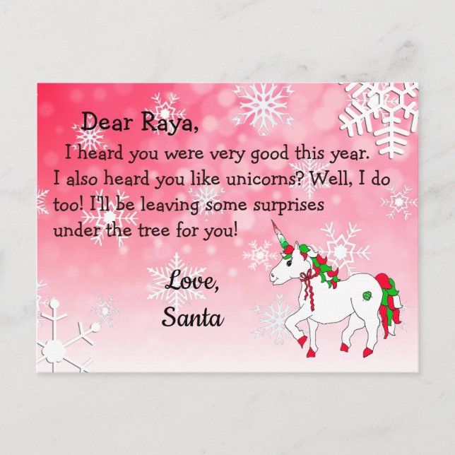 Cartes de Noël du Père Noël : Licorne rouge au cha (Devant)