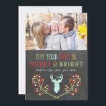 Cartes de Noël florales Chalkboard Deer Antlers<br><div class="desc">Happy Holidays noël nom personnalisable et carte photo en motif de tableau de bord rustique avec illustration florale vintage, cerf avec bois, et texte de style lettré à la main. Ajoutez votre texte personnalisé à cette carte pour créer une photo de Noël unique saluant cette période de fêtes pour les...</div>