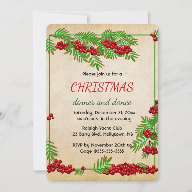Cartes de Noël Modifiables avec Baies Rouges et Br (Devant)