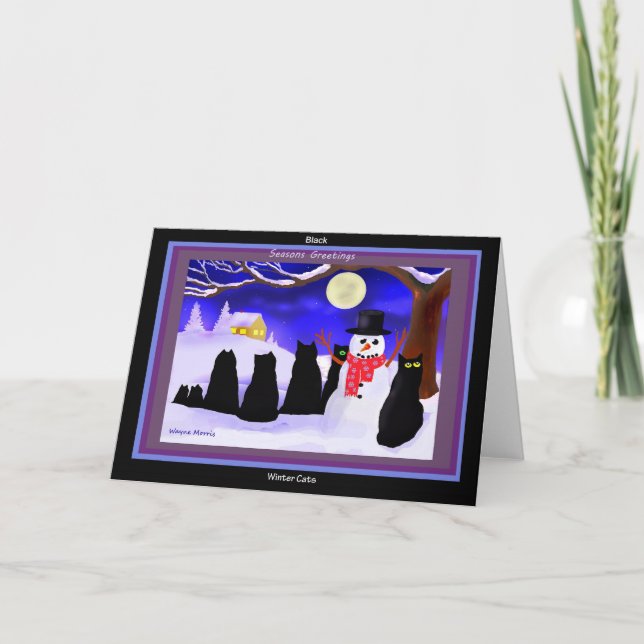 Cartes de Noël noires de chats d'hiver (Devant)