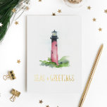 Cartes de Noël phare uniques<br><div class="desc">Les cartes de Noël uniques du phare Do Tell A Belle sont un choix charmant à envoyer à vos amis et à votre famille cette saison. Ils sont dotés d'une aquarelle Jupiter, phare de Floride dans les tons rouges. Les "SEAS & GREETINGS" du mot sont placés dans une feuille d'or...</div>