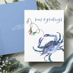 Cartes de Noël Plage Crâne bleu aquarelle<br><div class="desc">Célébrez Noël 2025 avec une touche côtière en utilisant nos charmantes cartes de Noël de plage "Seas and Greming"! Avec une réplique époustouflante de mon crabe bleu aquarelle peint à la main et ornée de lumières de Noël dans les tons rouge, vert, bleu et turquoise, cette carte apporte l'esprit festif...</div>