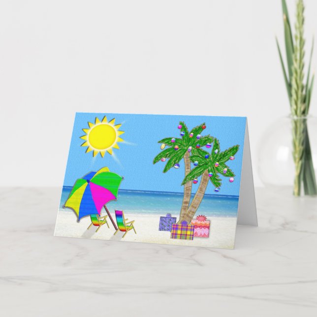 Cartes de Noël Plage, Palmiers Cheveux, Soleil (Devant)