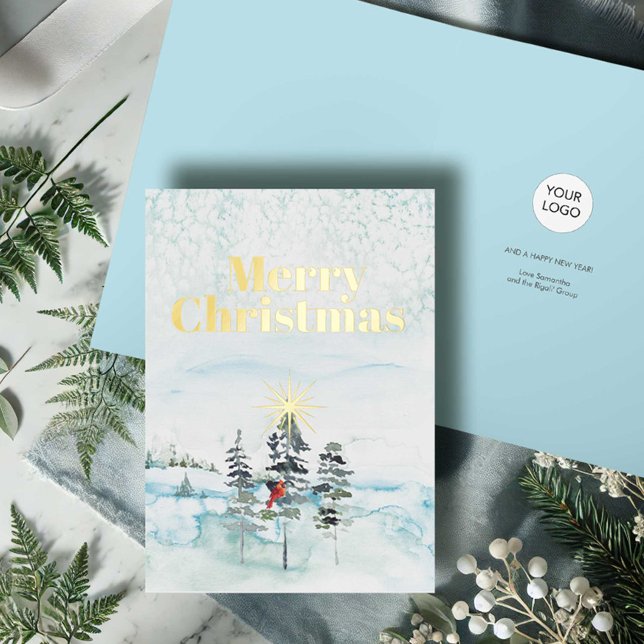 Cartes de Noël professionnelles pliées avec logo (Business Christmas cards with logo folded watercolor pine trees with red cardinal wintery blue scene)