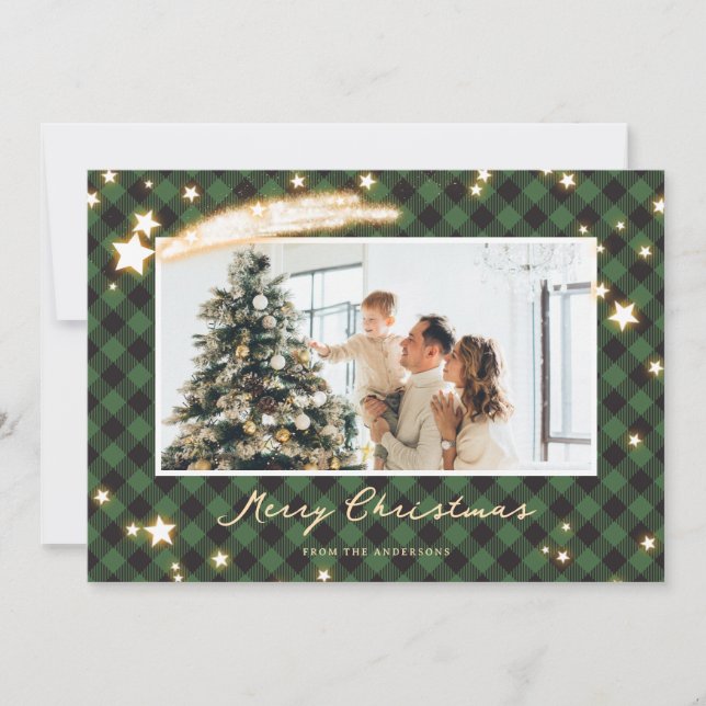 Cartes de Noël Starry Green Buffalo Plaid Photo (Devant)