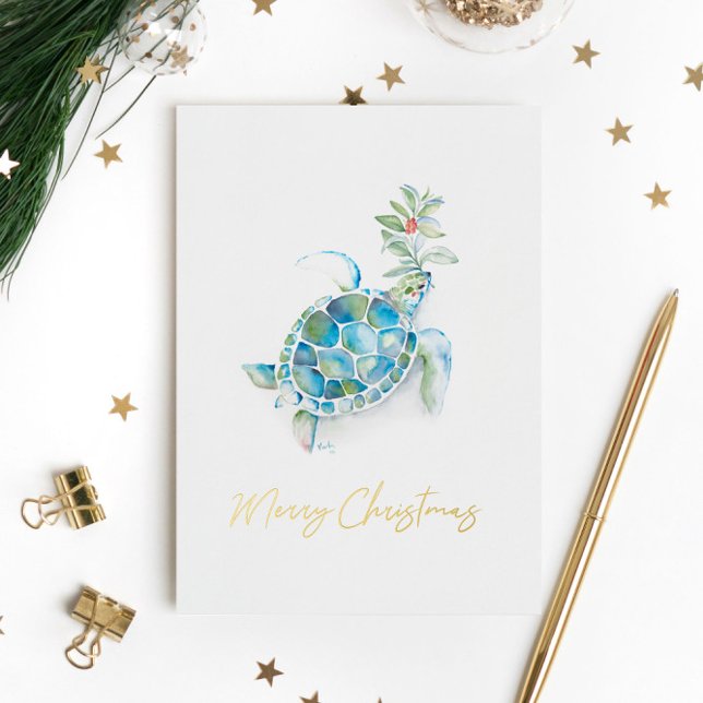 Cartes de Noël uniques à thème plage Tortue de mer (Beach Christmas cards features watercolor sea turtle art by Victoria Grigaliunas of Do Tell A Belle)