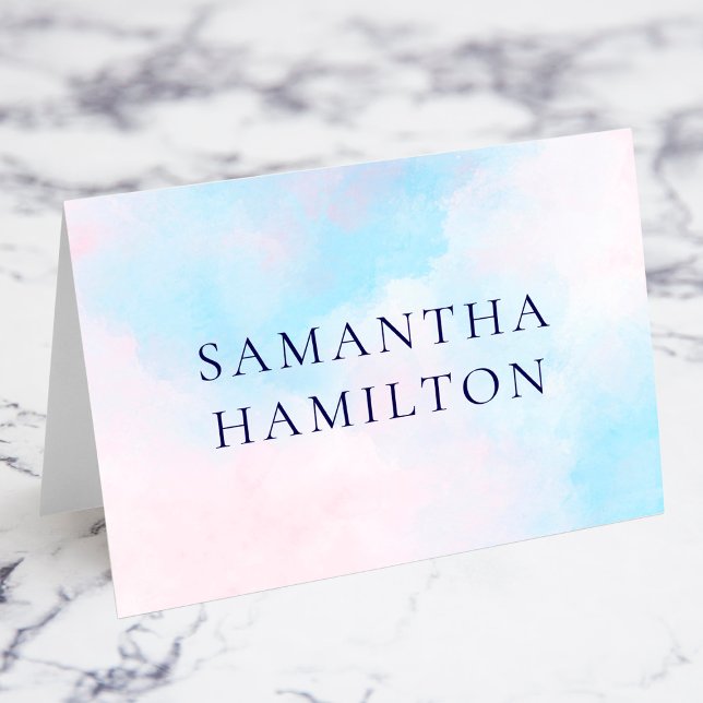 Cartes de nom de lieu à l'aquarelle avec des nuage (Pastel Pink and White Clouds Sky Blue Watercolor Cormorant Font Name Place Cards)