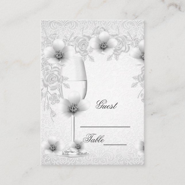 Cartes de nom de mariage Fleur de rose argentée bl (Devant)