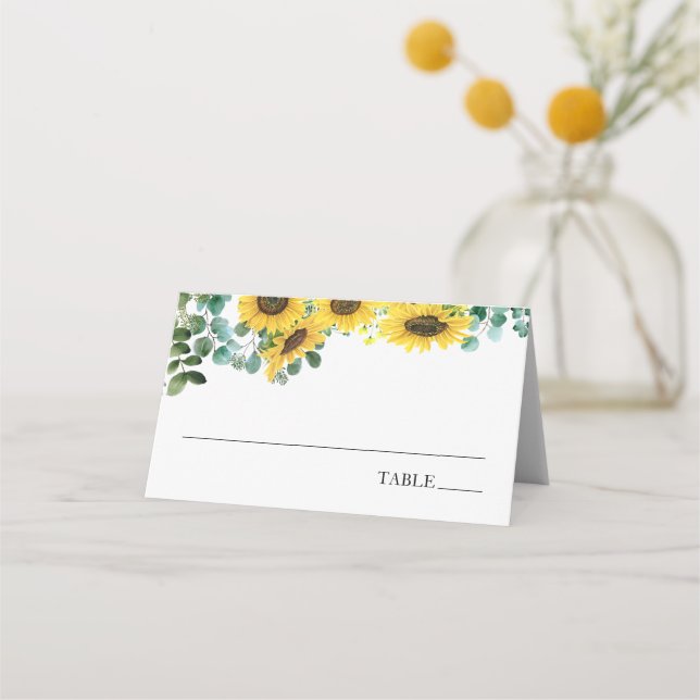 Cartes de nom de tournesols et d'eucalyptus (Devant)