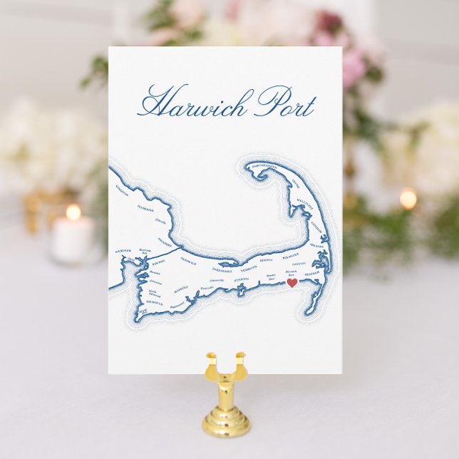 Cartes de nom du Mariage de Cape Cod modifiable (Cape Cod Wedding Table Town Name cards with editable places and elegant navy blue Harwich Port map)