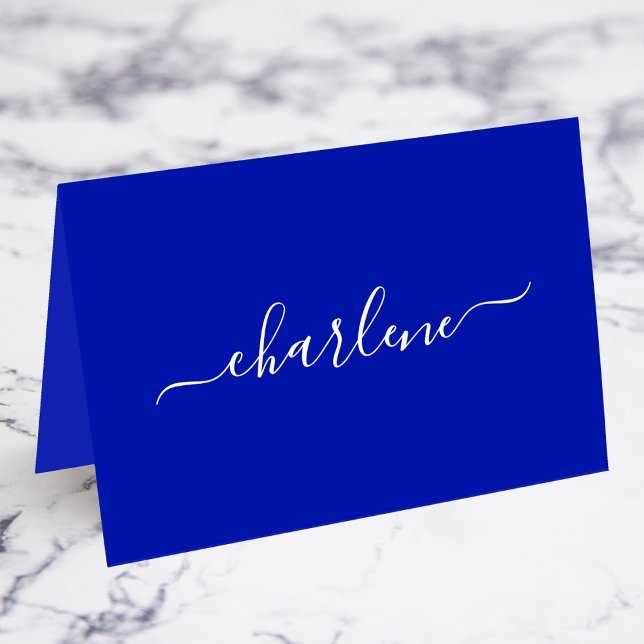 Cartes de nom élégantes bleues royales et blanches (Royal Blue and White Elegant Signature Script Individual Name Fold Your Own Place Cards)