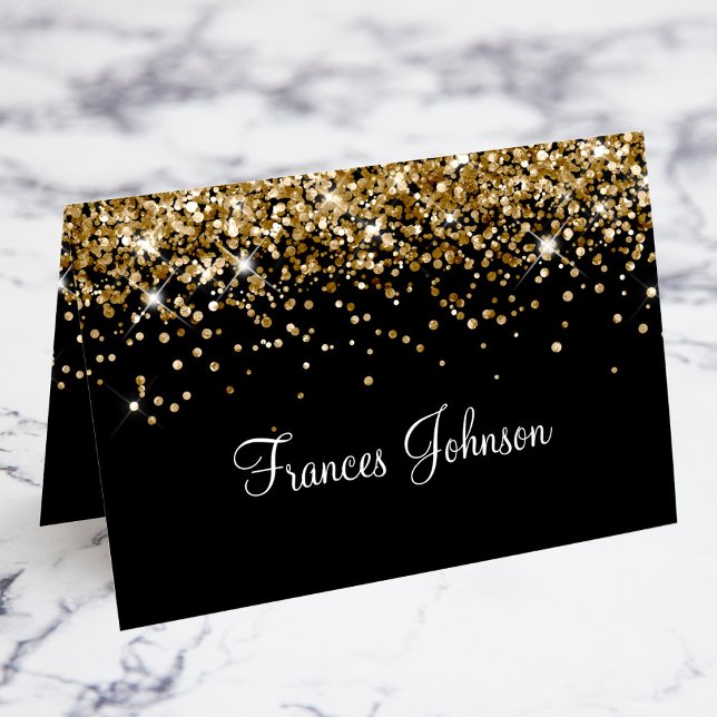 Cartes de nom individuelles en noir avec paillette (Gold Glitter Black Individual Name Place Cards)