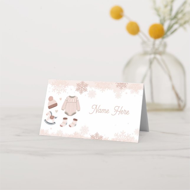 Cartes de nom pliées Baby shower froid hiver neutr (Devant)
