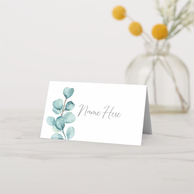 Cartes de nom pliées Mariage Eucalyptus Feuille Ve (Devant)