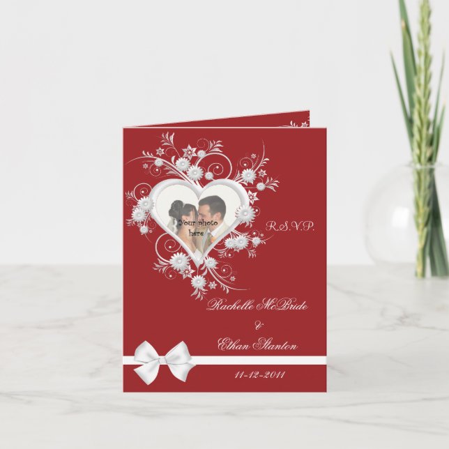 Cartes de note rouges et blanches de la photo RSVP (Devant)