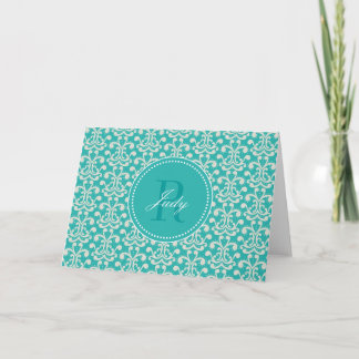 Cartes de note turquoises de monogramme de damassé