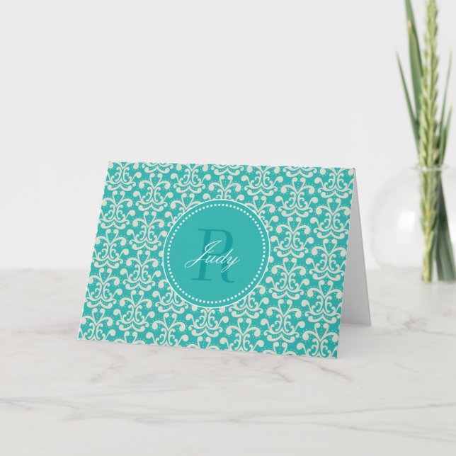 Cartes de note turquoises de monogramme de damassé (Devant)