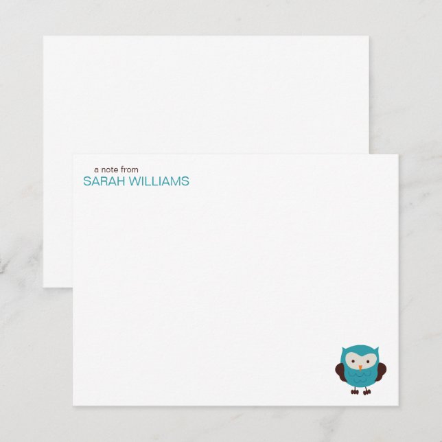 Cartes de note turquoises mignonnes de hibou (Devant / Derrière)