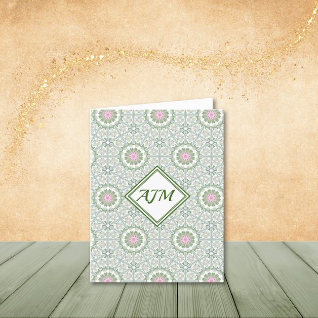Cartes de notes Abstrait Sage et Pink Floral (Personalize to add your initials. Customize to remove optional monogram frame.)