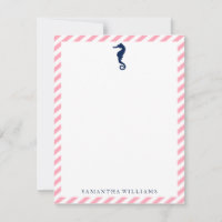 Cartes de notes Cheval Marin Bleu sur Rayures Rose