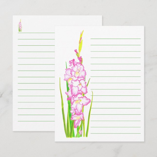 Cartes de notes lignées florales aquarelle rose (Devant / Derrière)