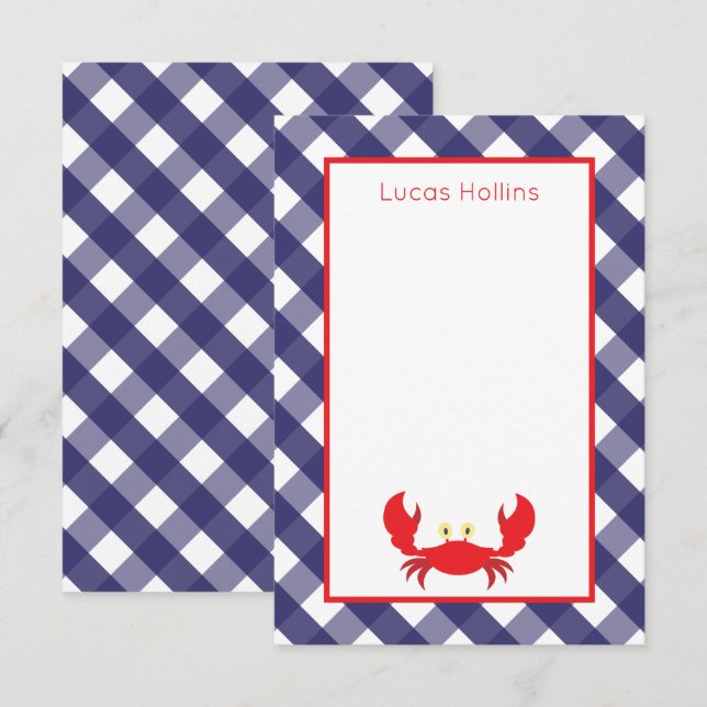 Cartes de notes personnalisées En vichy crabe (Devant / Derrière)