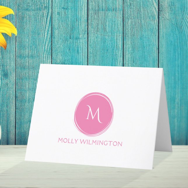 Cartes de notes pliées rose simple Monogramme circ (Créateur téléchargé)