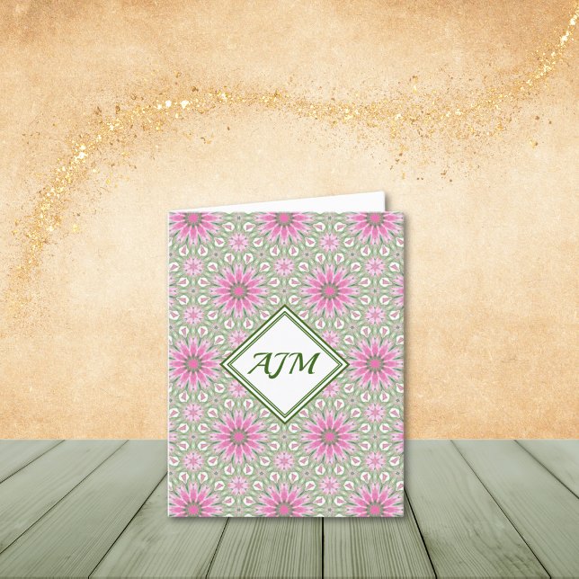 Cartes de notes pour les fleurs Abstraites roses e (Personalize to add your initials. Customize to remove optional monogram frame.)