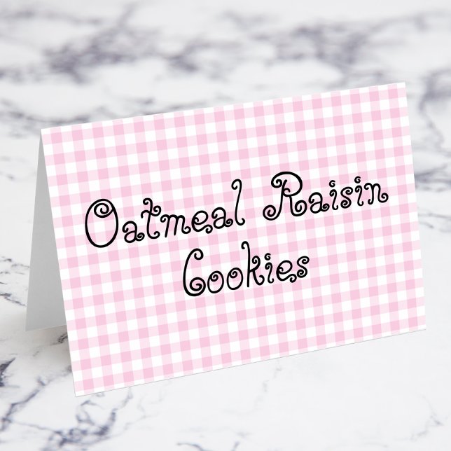 Cartes de nourriture à carreaux rose pastel (Pastel Pink Gingham Oatmeal Raisin Cookies Food Cards)