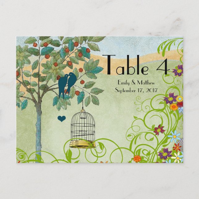 Cartes de numéro de mariage Oiseaux d'amour et Cag (Devant)