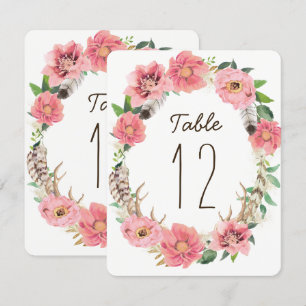 Cartes de numéro de table à plumes bohèmes aquarel