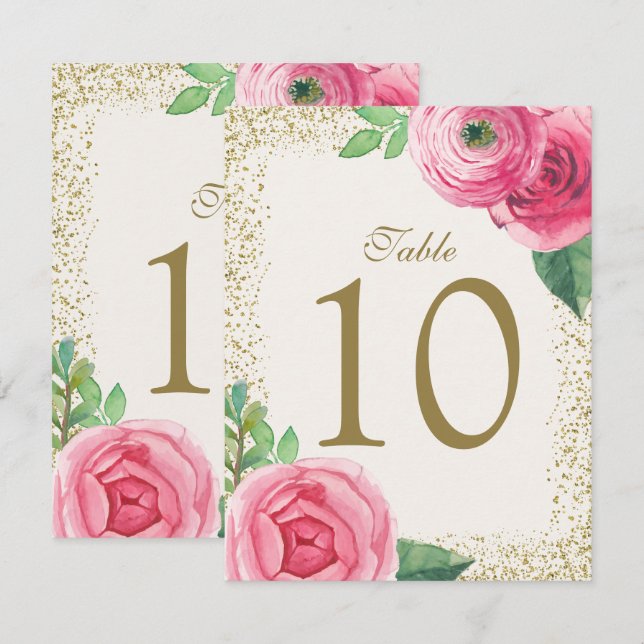 Cartes de numéro de table aux roses à l'aquarelle (Devant / Derrière)