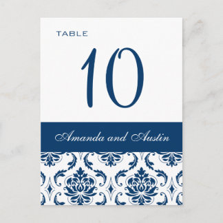 Cartes de numéro de table Blue Mariage damassé