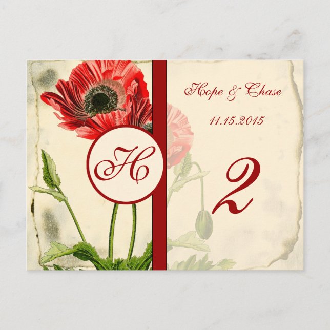 Cartes de numéro de table coquelicot rouge en détr (Devant)