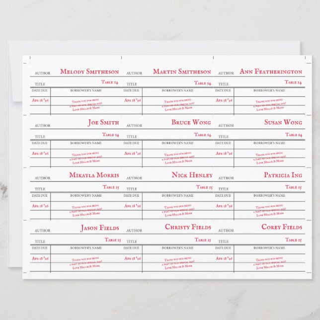 Cartes de numéro de table de bibliothèque personna (Devant)