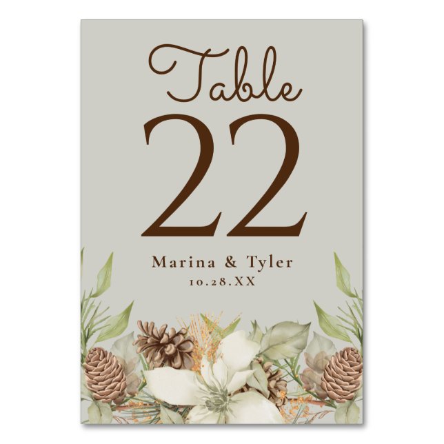 Cartes de numéro de table de mariage beige pin hiv (Dos)
