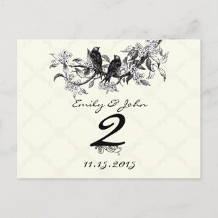 Cartes de numéro de table de mariage d'oiseaux vin