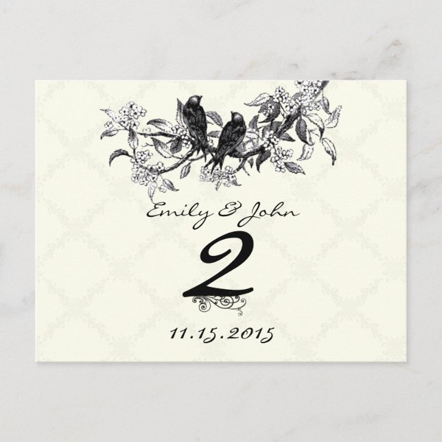 Cartes de numéro de table de mariage d'oiseaux vin (Devant)